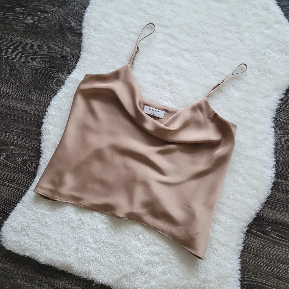 Aritzia Babaton Cowl Neck Camisole in Gold Camel Sz XS - Picture 3 of 10